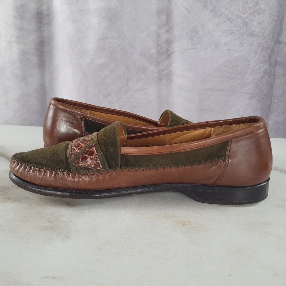 MEZLAN MORELLA Size 7 M Men's Suede Leather & Crocodile Loafers Olive